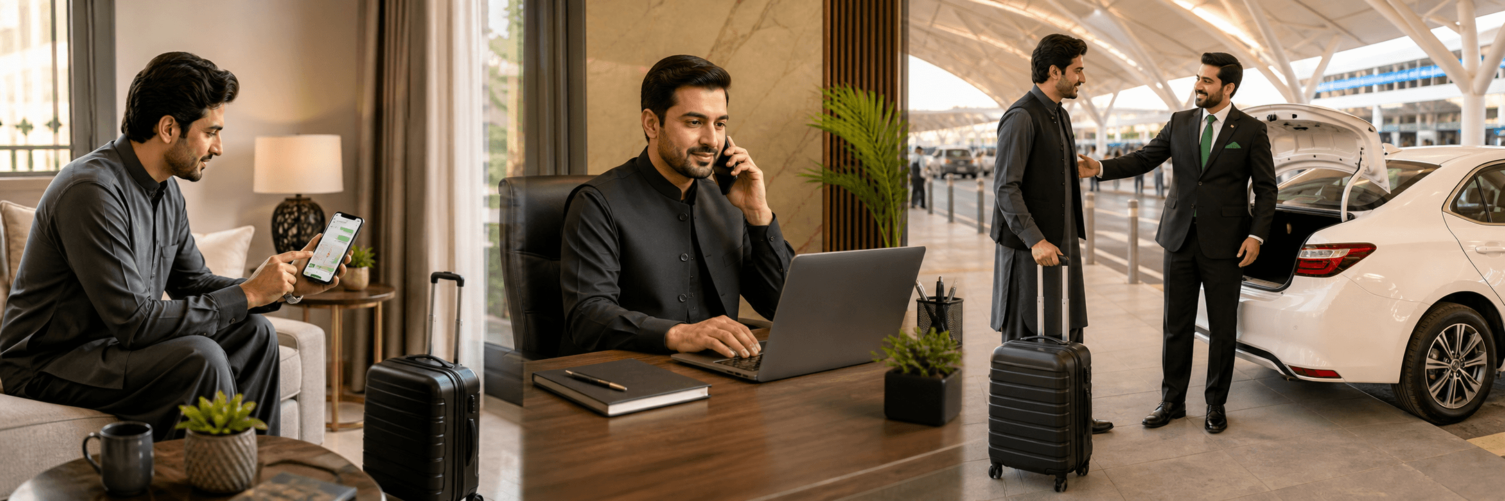 Traveler books by phone, a coordinator confirms the journey, and a chauffeur welcomes the traveler at Islamabad airport