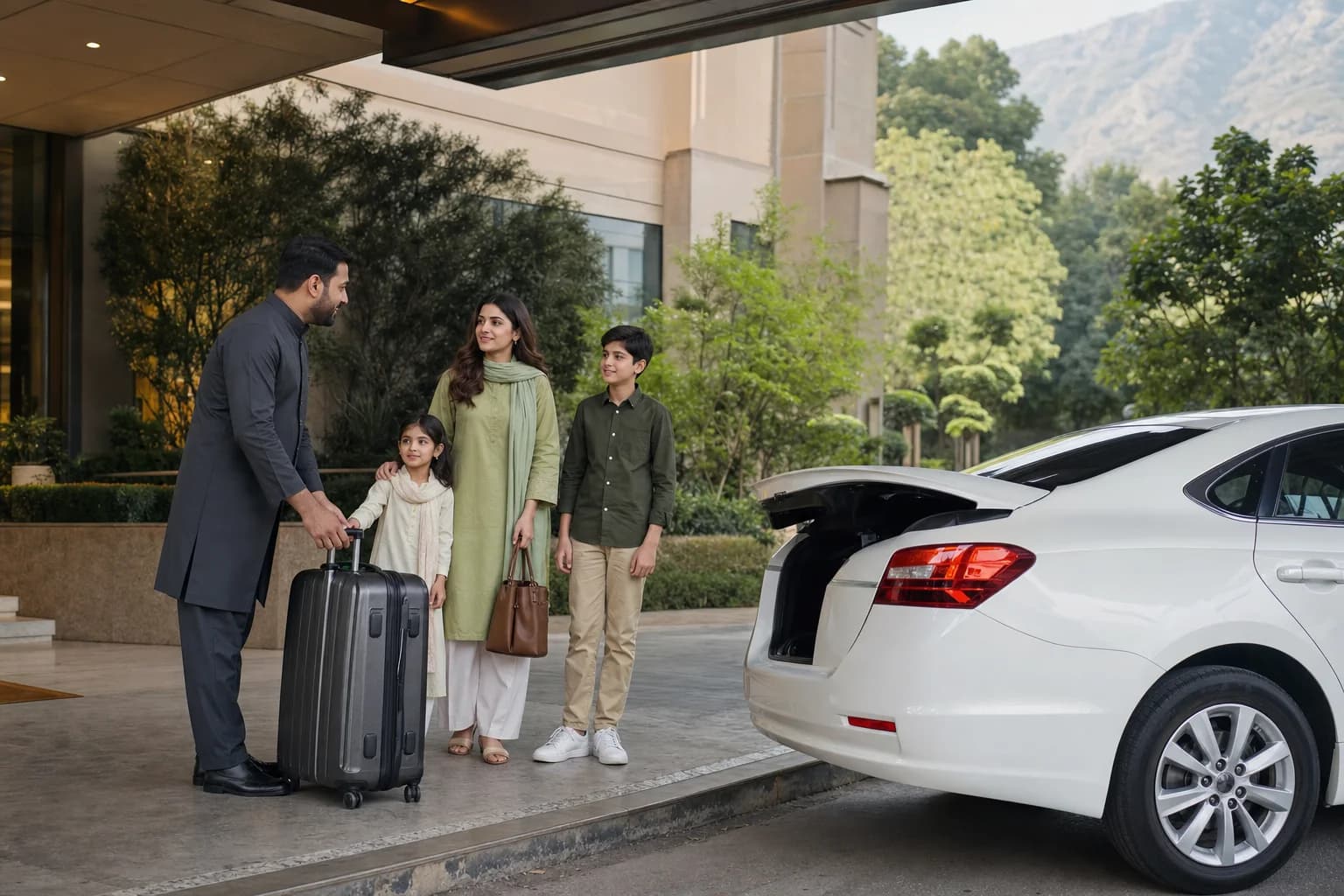Local Islamabad driver welcoming a travelling family