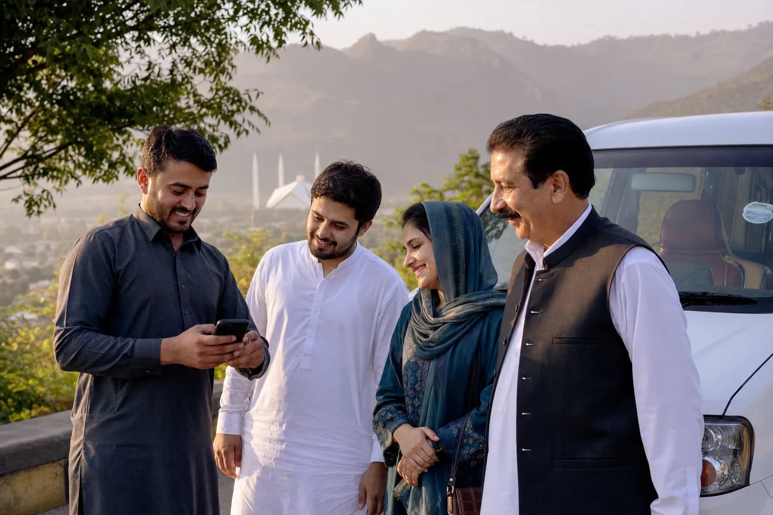 Travellers and their driver sharing feedback after an Islamabad journey