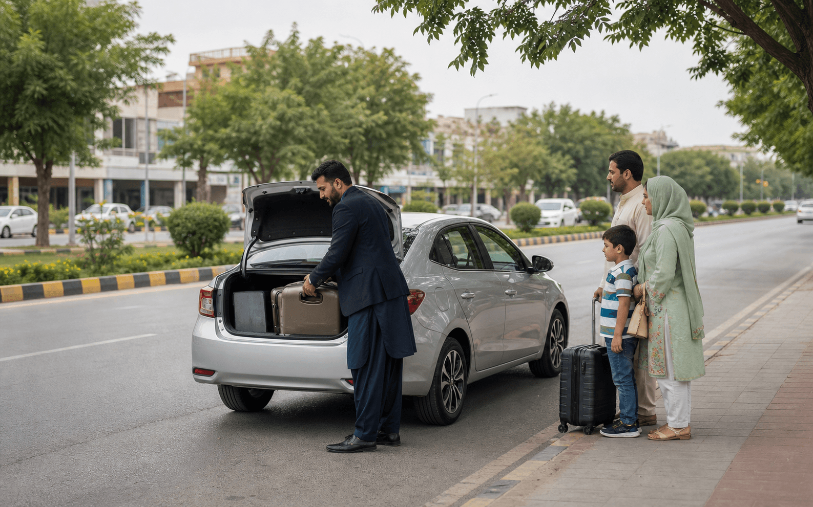 Professional driver assisting with an airport pickup in F-8, Islamabad