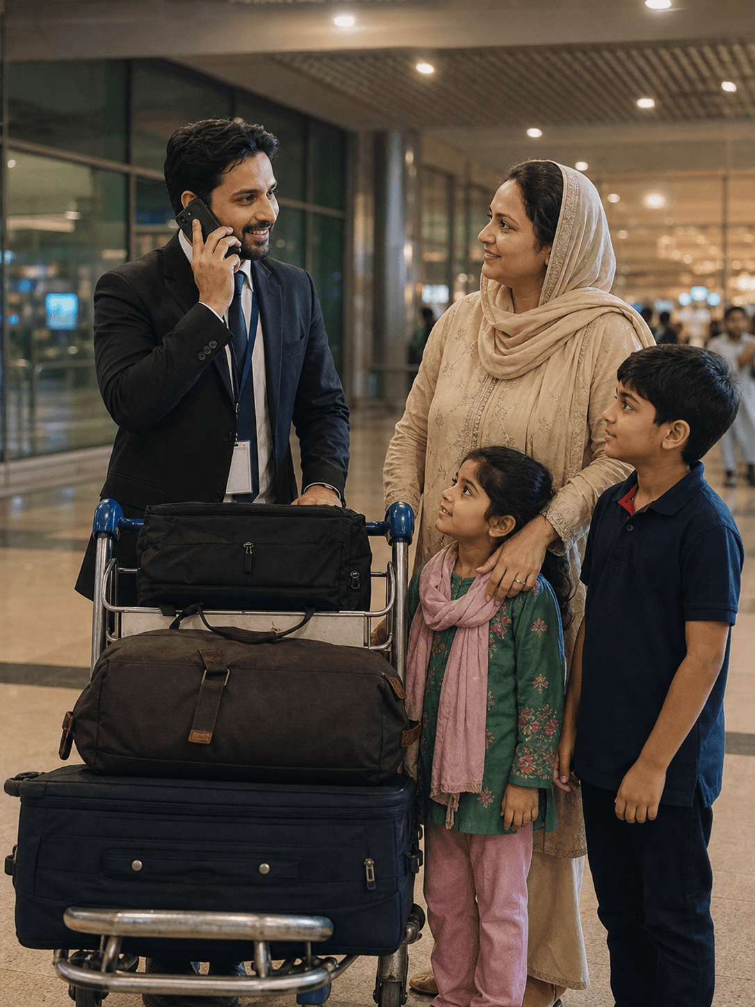 Airport greeter confirming successful contact after meeting an arriving family