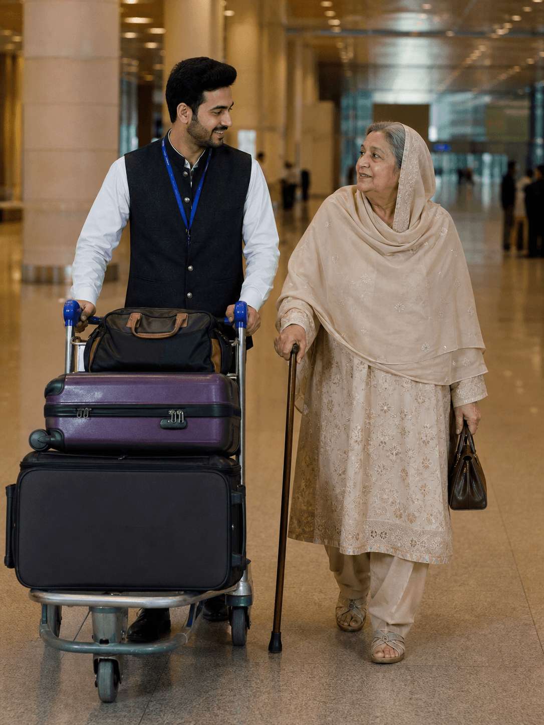 Greeter assisting an elderly passenger with luggage inside Islamabad airport