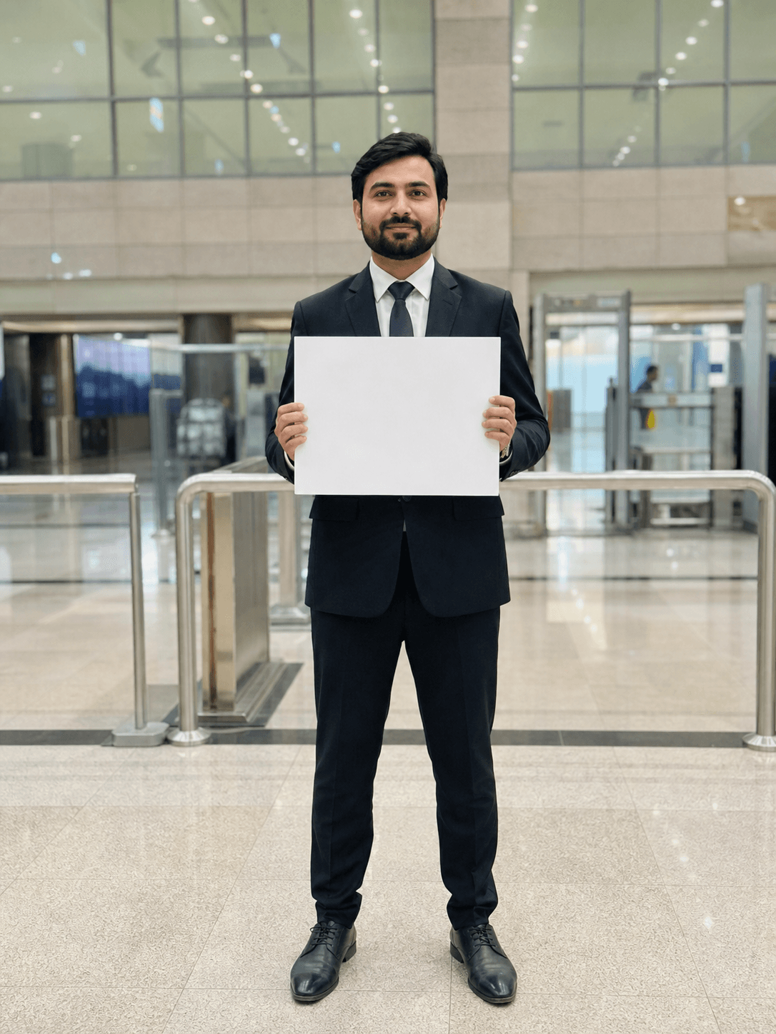 Professional greeter waiting with a blank name board inside Islamabad airport arrivals