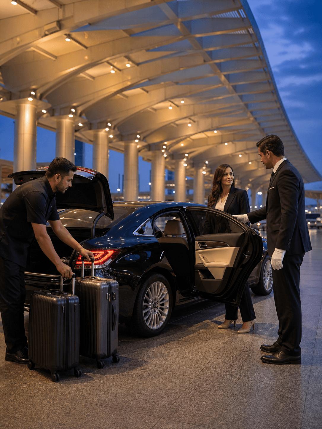Airport greeter handing a business traveller over to a waiting private car