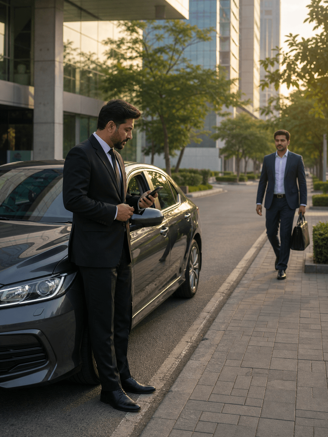 Professional driver waiting for a scheduled pickup outside a Blue Area office