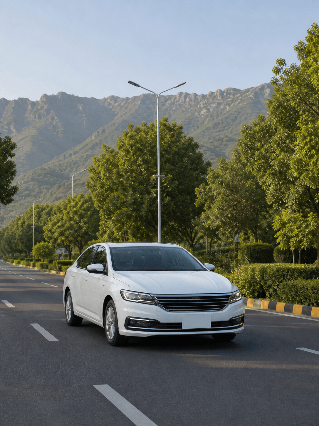 Taxi on a tree-lined Islamabad avenue between sectors