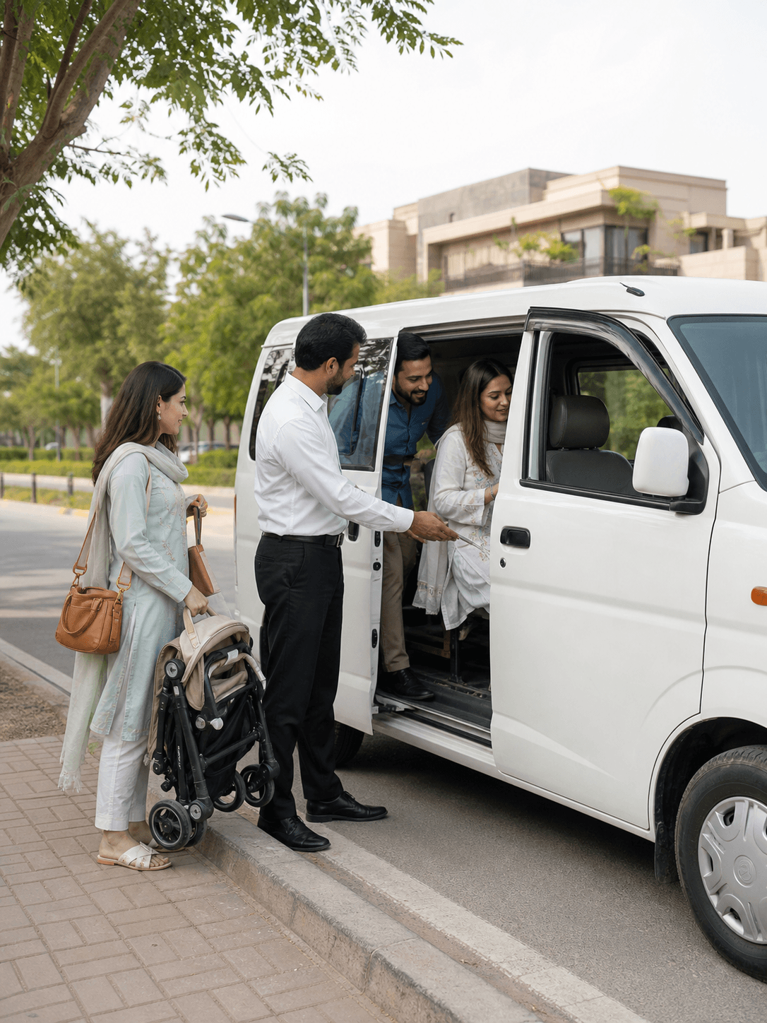 Passengers boarding a private people carrier for a group city ride in Islamabad