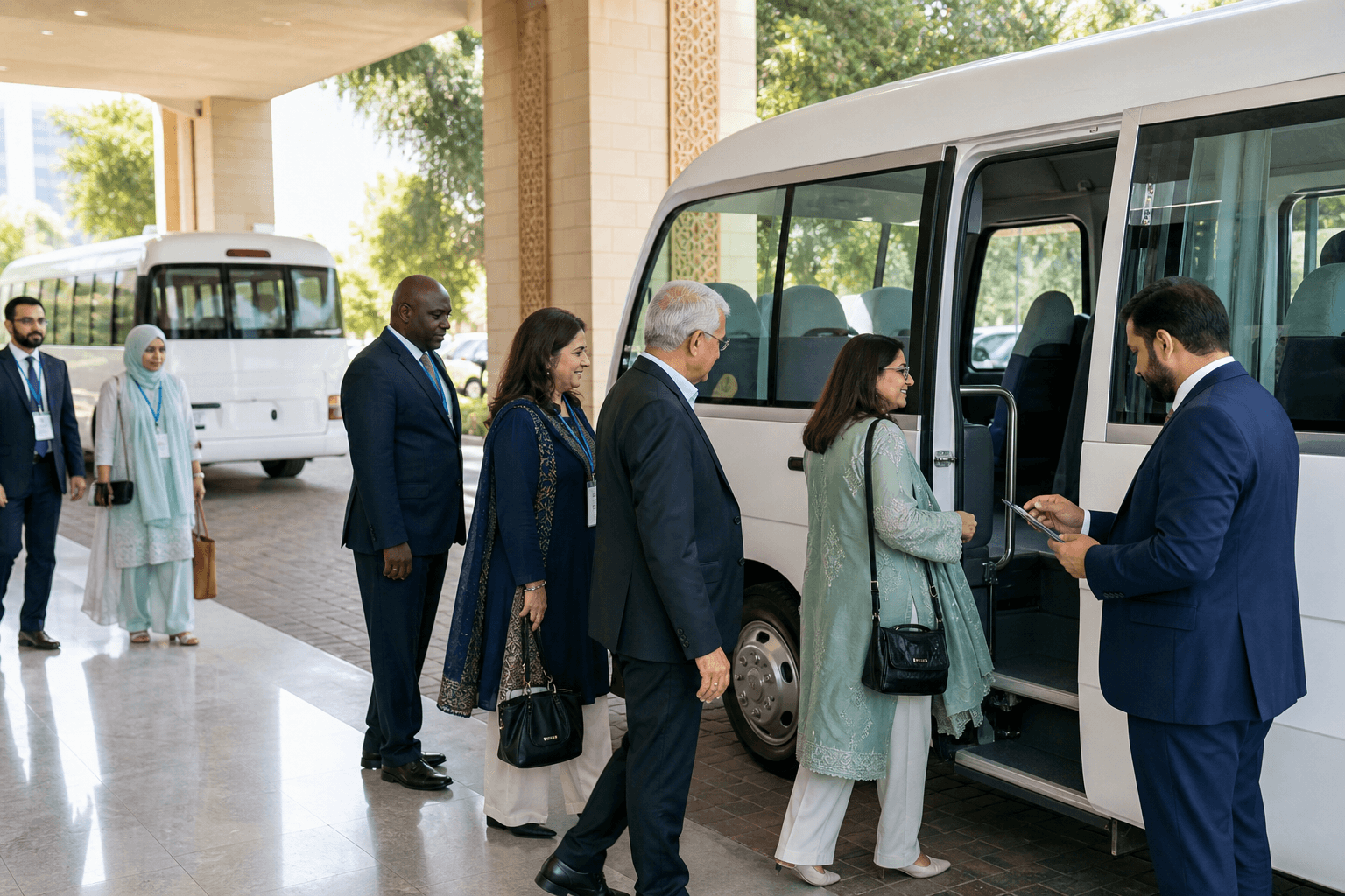 International conference delegates boarding a managed shuttle outside an Islamabad hotel