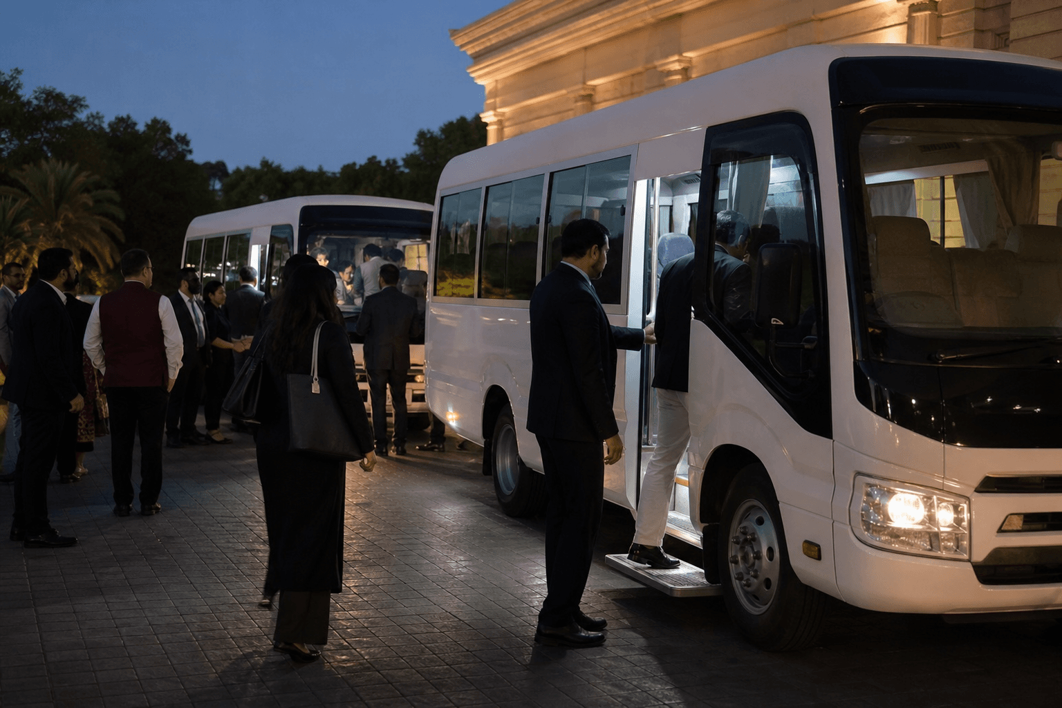 Delegates boarding coordinated evening shuttle buses after an Islamabad event