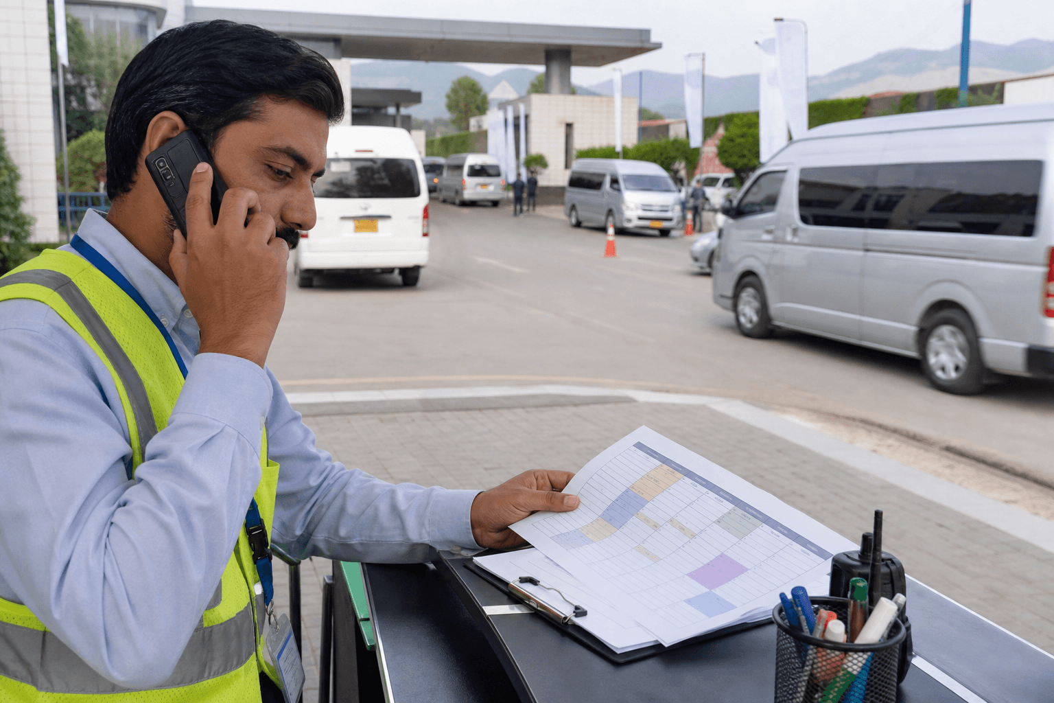 Event transport coordinator managing an Islamabad conference fleet from a written movement schedule
