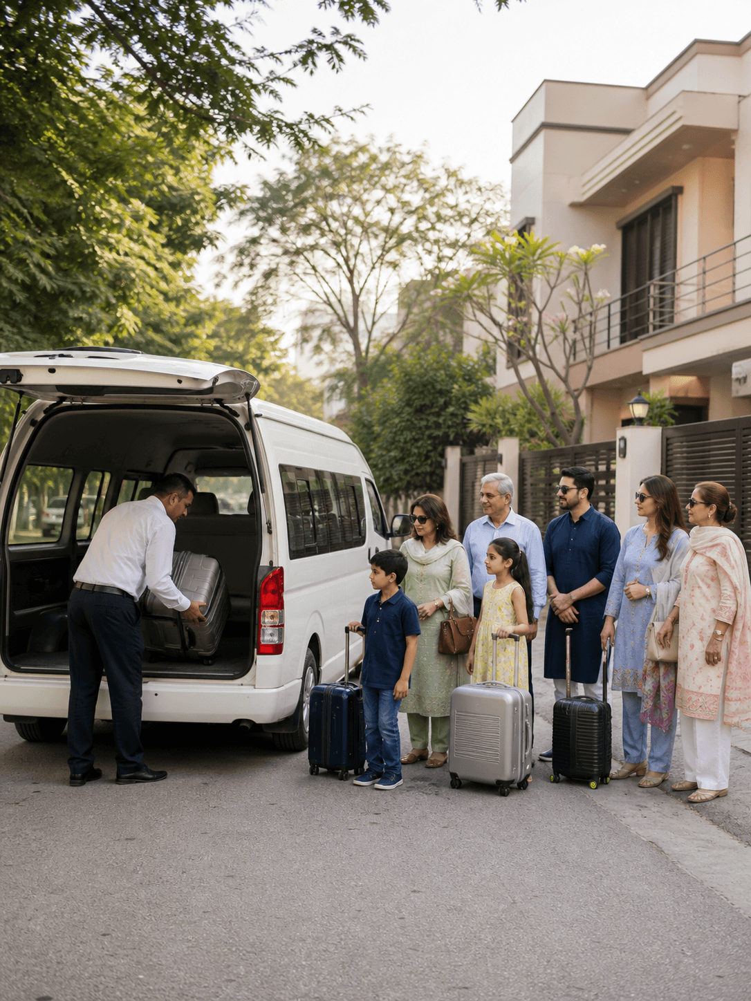 Driver loading an extended family’s luggage into a private van in Islamabad