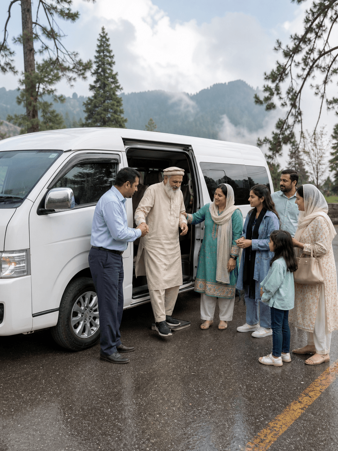 Driver assisting a family member from a private van during a Galiyat day trip
