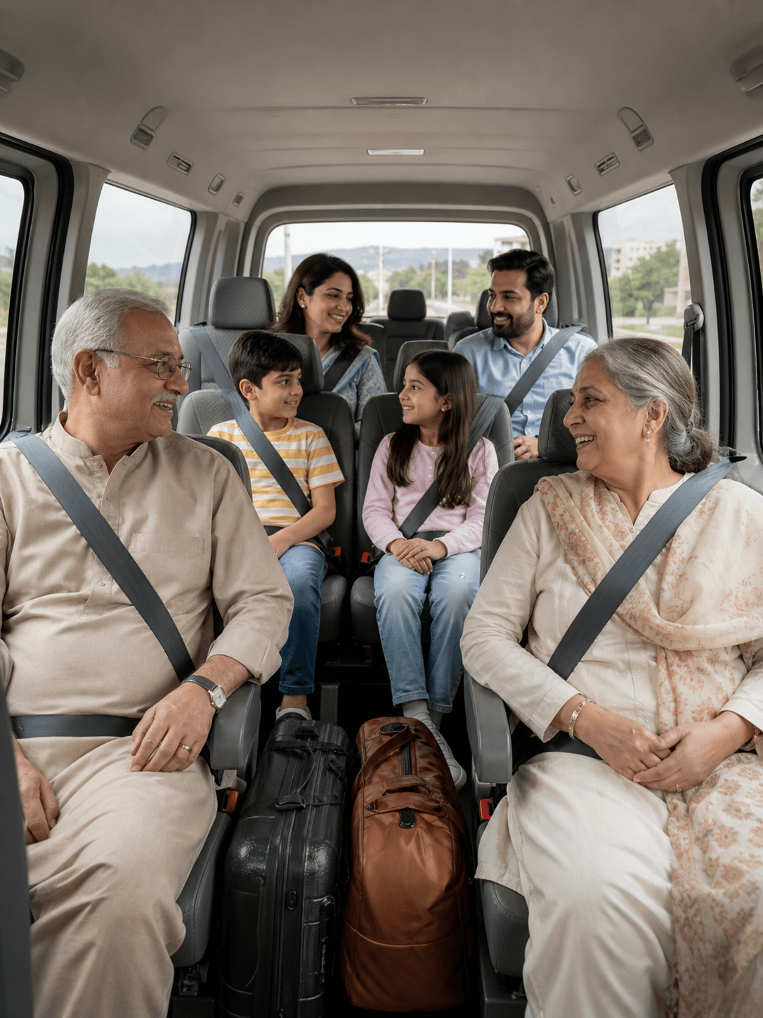 Multigenerational family seated comfortably together inside a private van