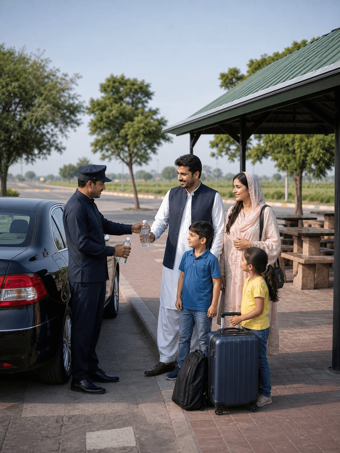 Family taking a comfortable roadside break during a private intercity journey