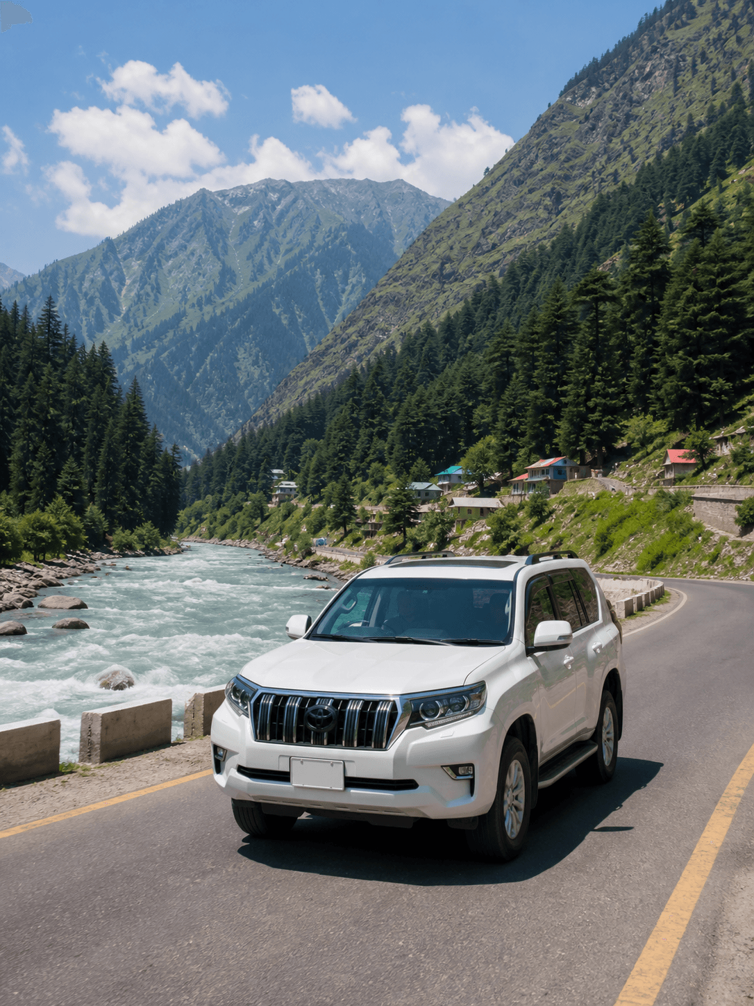 Private SUV beside the Kunhar River on the road through Kaghan Valley