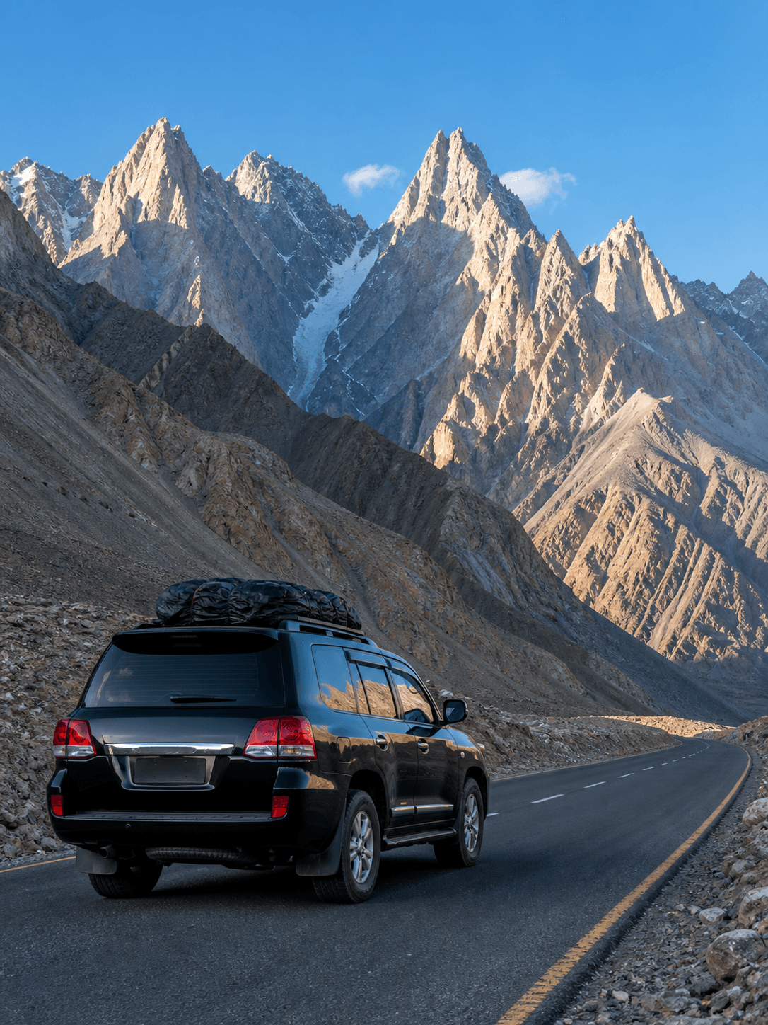 Private vehicle travelling through the mountains of northern Pakistan