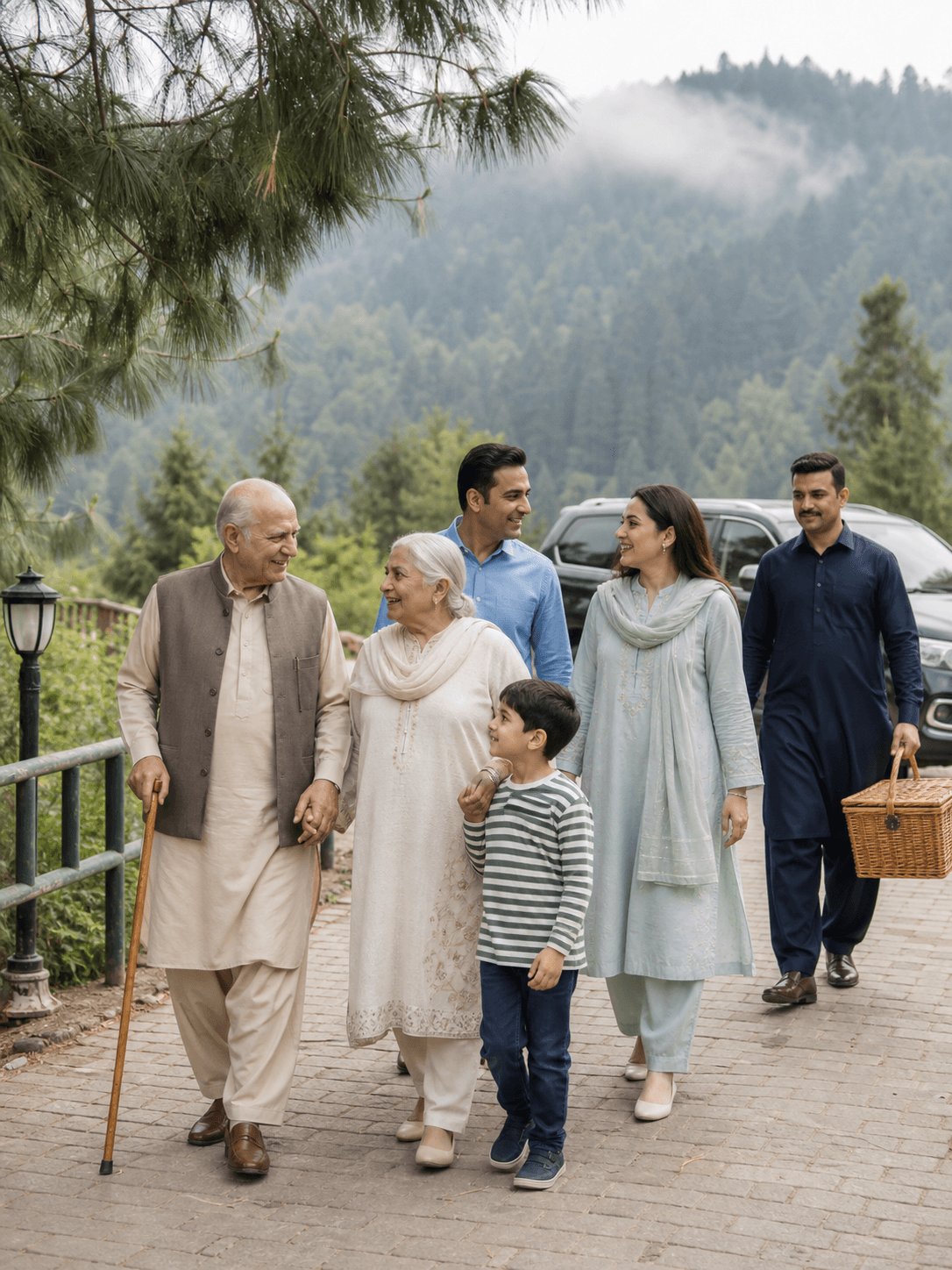 Multigenerational family enjoying a senior-friendly private tour in the Galiyat