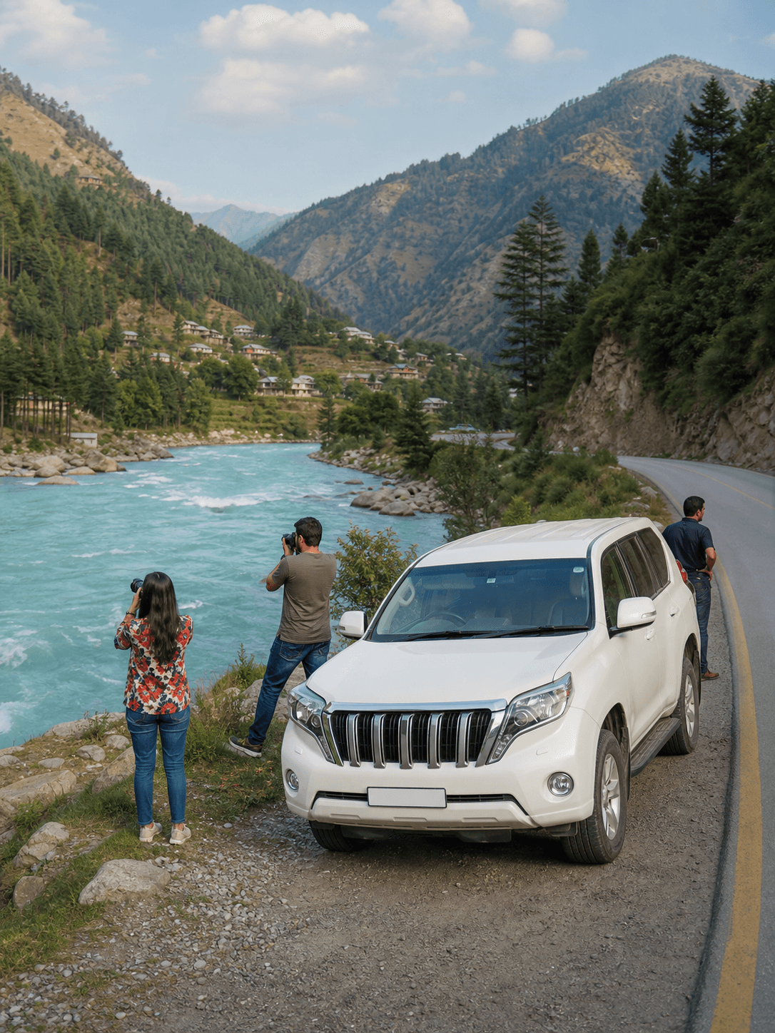 Private tour travellers photographing the Swat Valley road toward Kalam