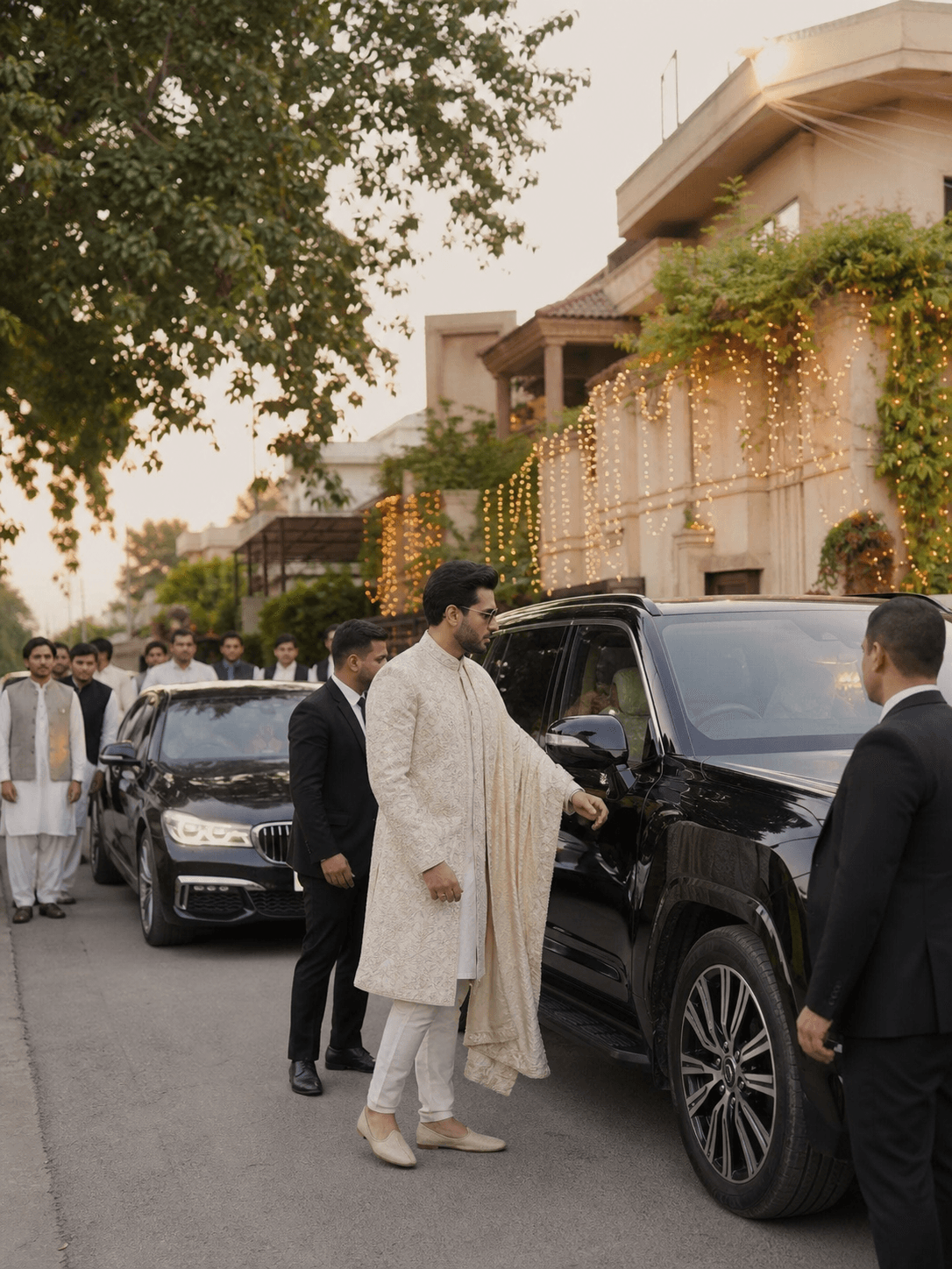 Groom arriving with a coordinated wedding car convoy in Islamabad