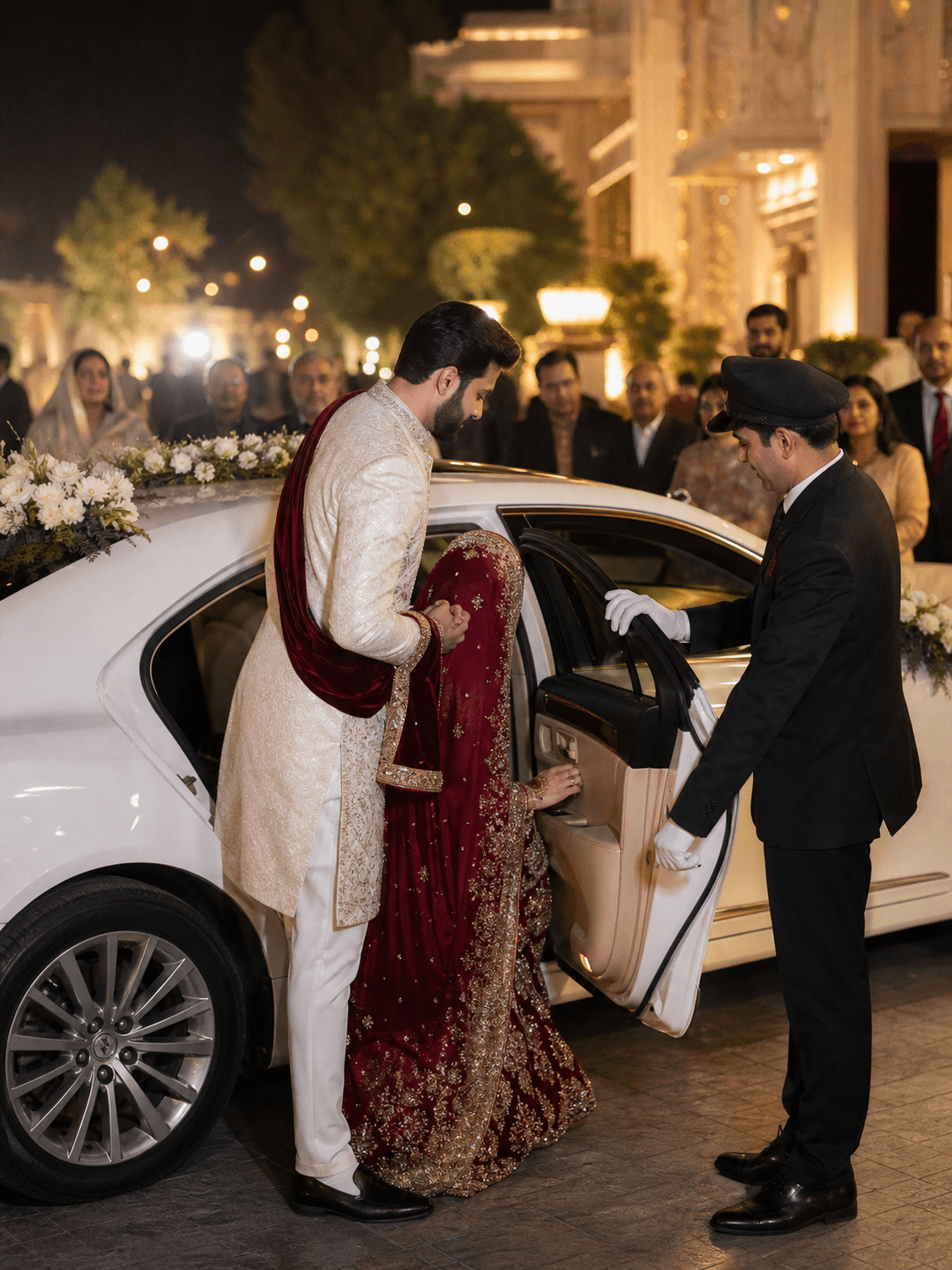 Bride and groom departing their Islamabad wedding in a decorated luxury car
