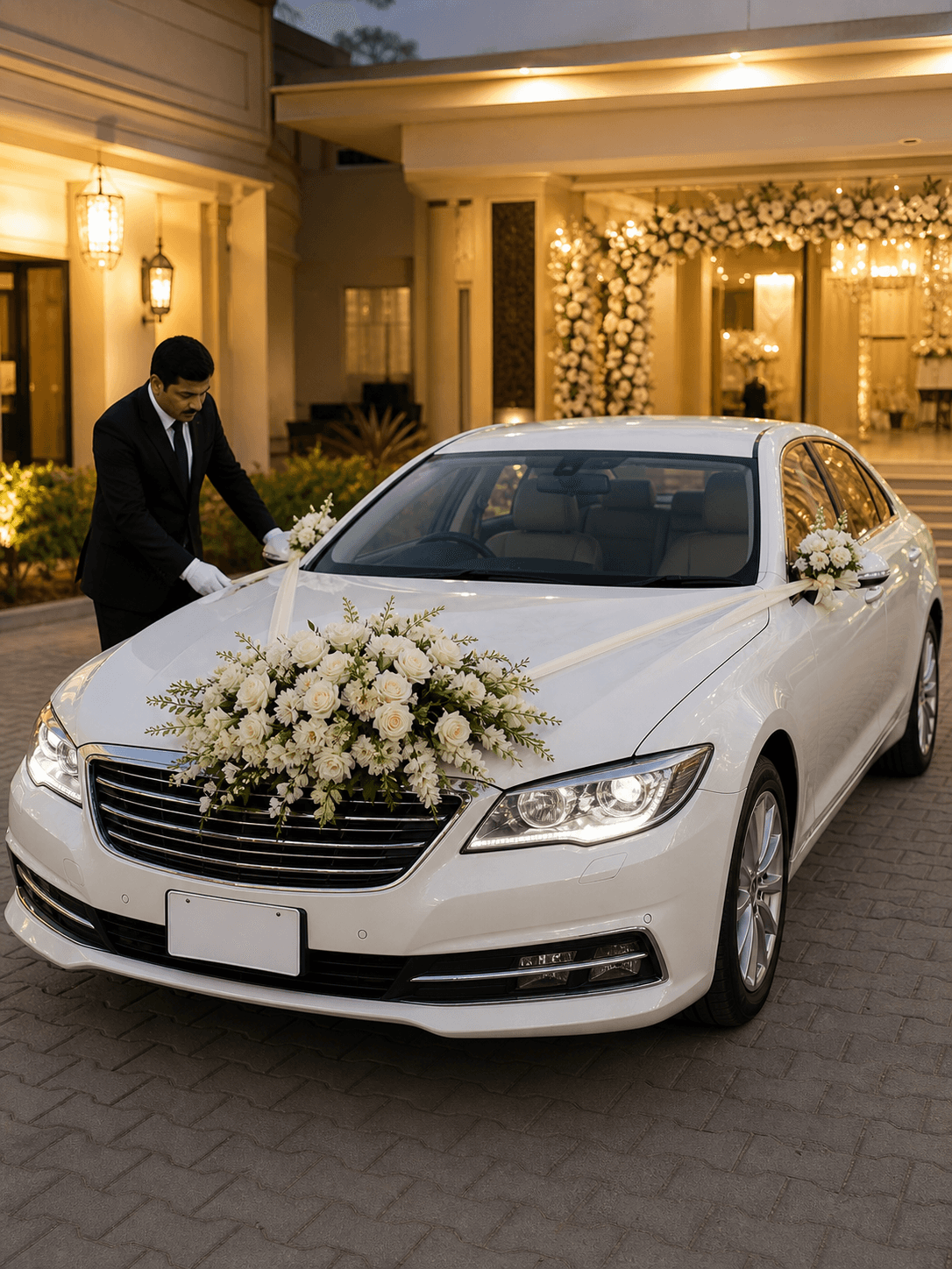 Professionally prepared decorated wedding car outside an Islamabad venue