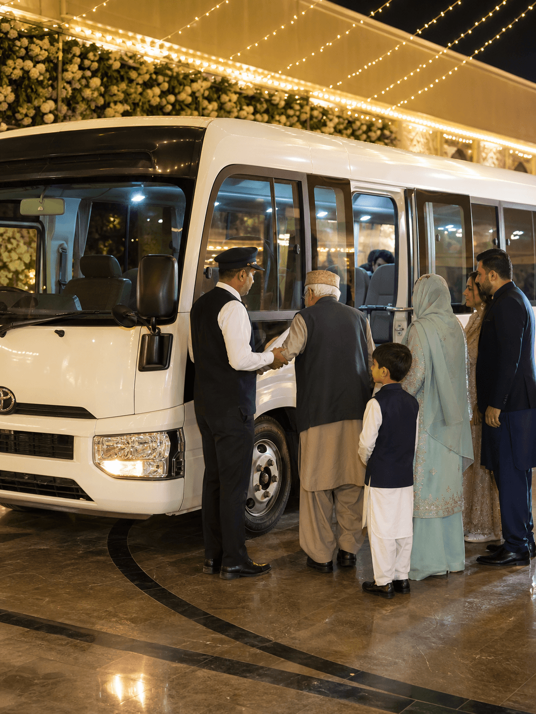 Wedding guests boarding a private shuttle with assistance at an Islamabad venue