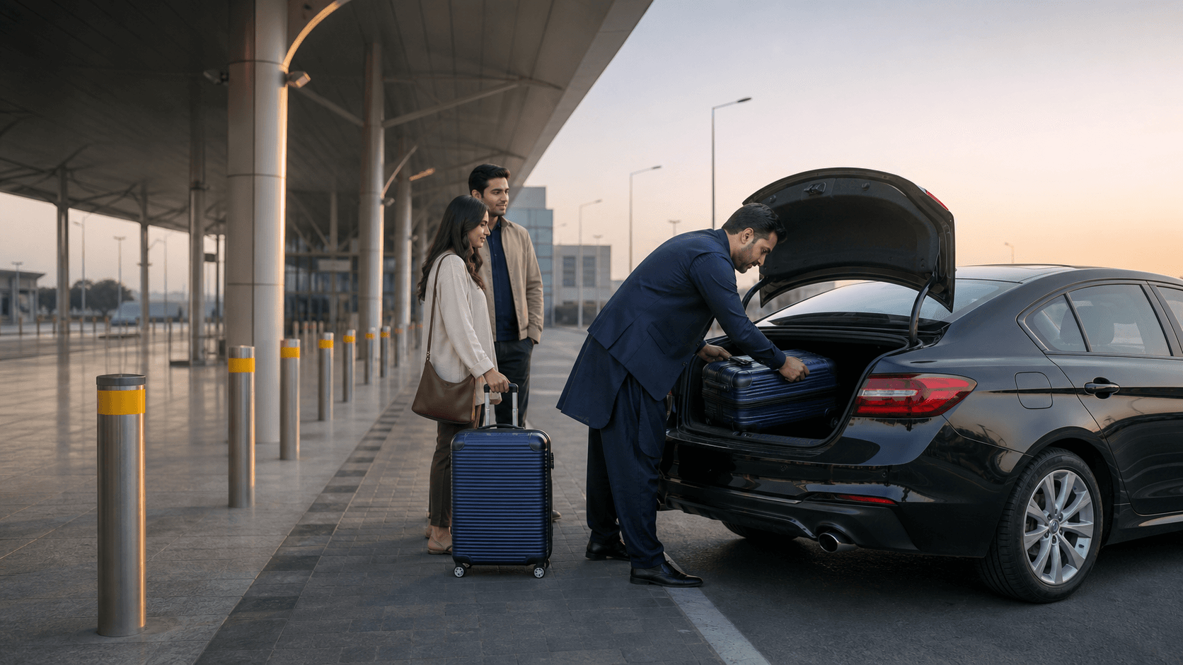 Professional driver loading luggage into an airport taxi outside Islamabad International Airport