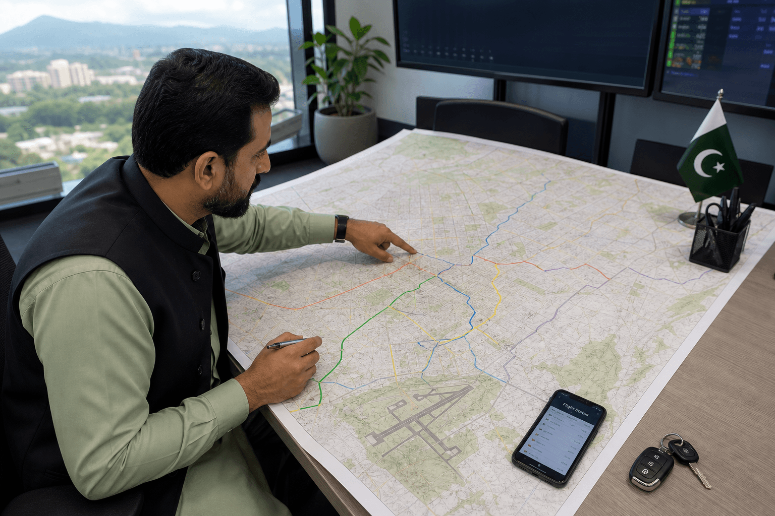 Islamabad airport taxi dispatcher planning city and Rawalpindi pickup corridors on a map