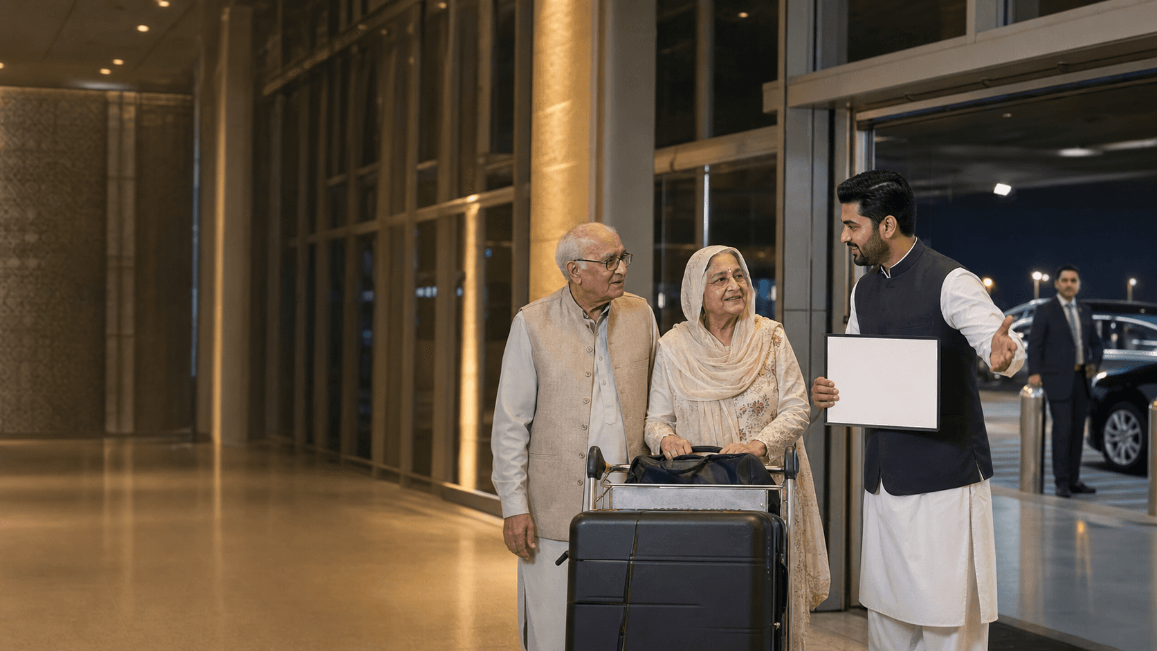 Airport greeter welcoming an elderly couple inside Islamabad International Airport arrivals