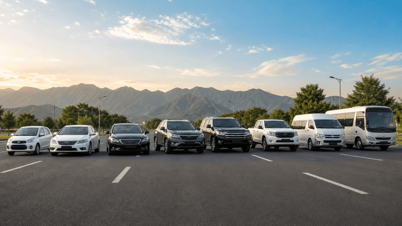 Islamabad taxi fleet with hatchbacks, sedans, SUVs, vans and a mini coach