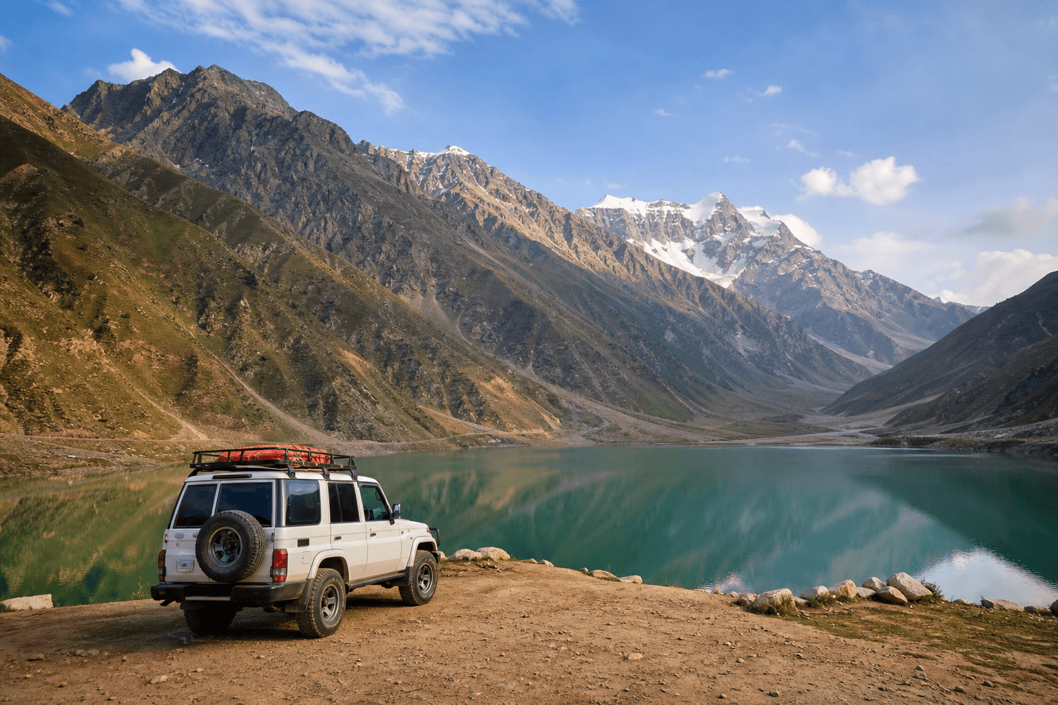 Lake Saif-ul-Malook Trip: Planning from Islamabad illustrated with a private transport and travel scene in Pakistan