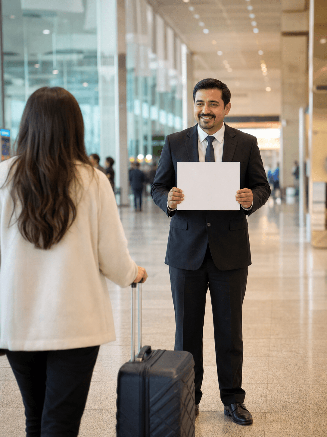 Driver greeting arriving passengers inside Islamabad International Airport arrivals
