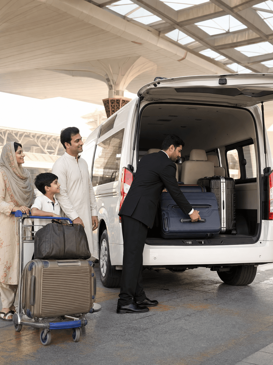 Driver loading a family’s luggage into a private airport transfer van at Islamabad airport