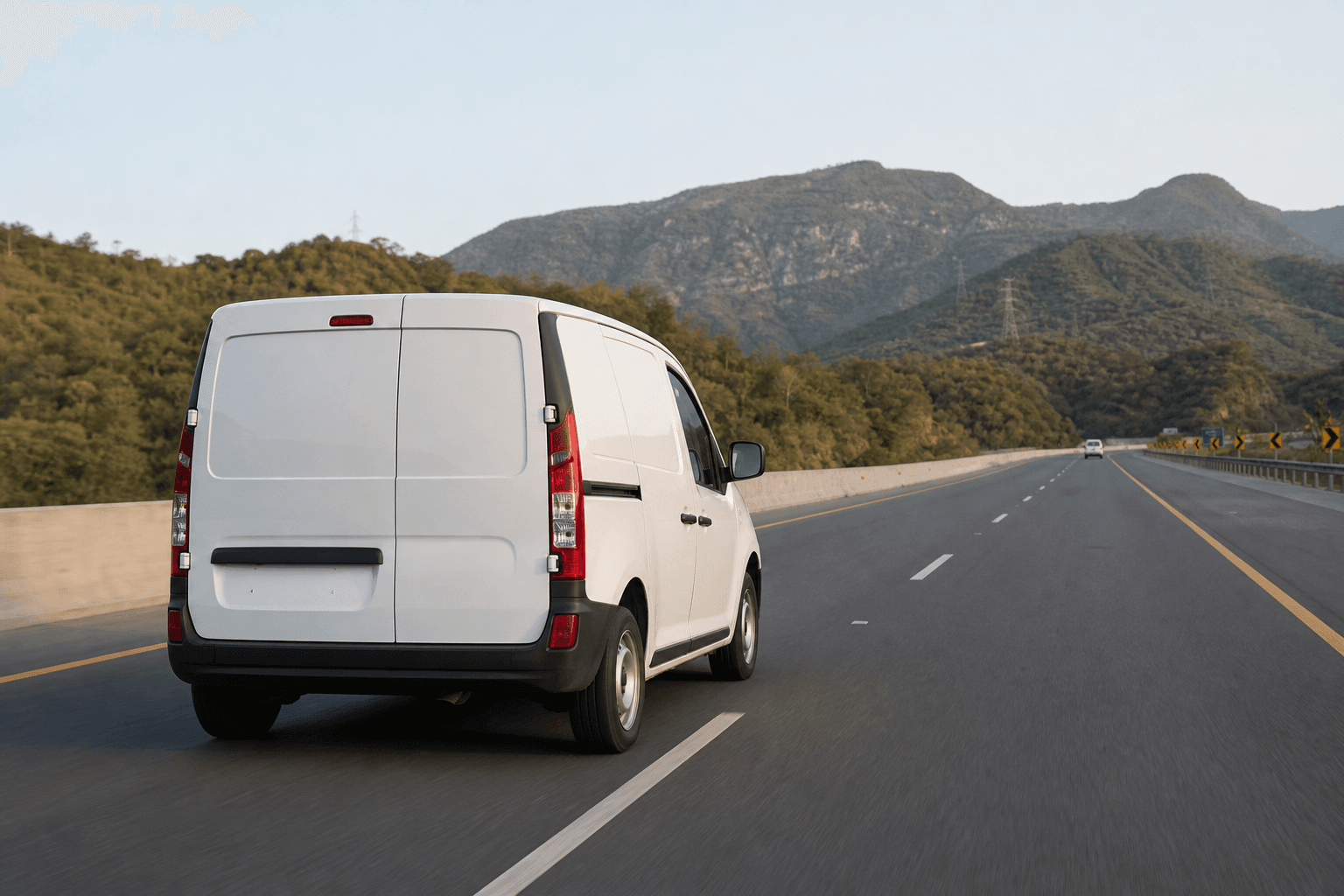 Dedicated white cargo van travelling directly on the motorway from Islamabad