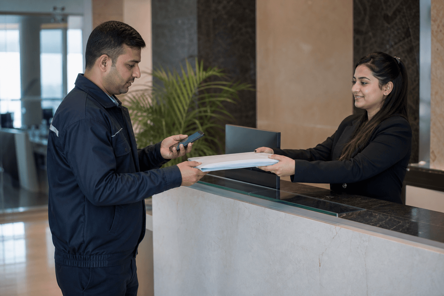 Courier confirming delivery while handing documents to an Islamabad office receptionist