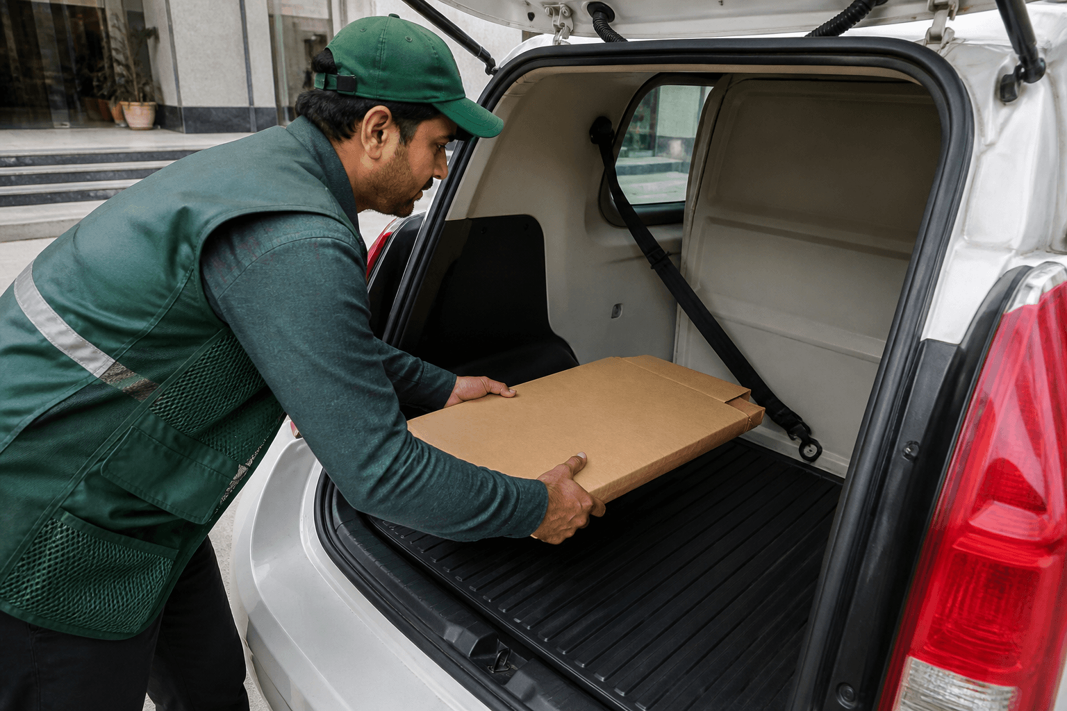 Courier securing a single document consignment inside a clean delivery vehicle in Islamabad