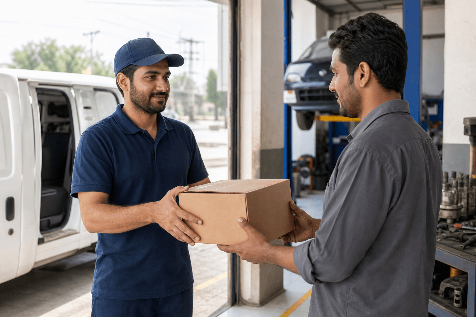 Courier handing a spare-parts parcel directly to a Rawalpindi workshop technician
