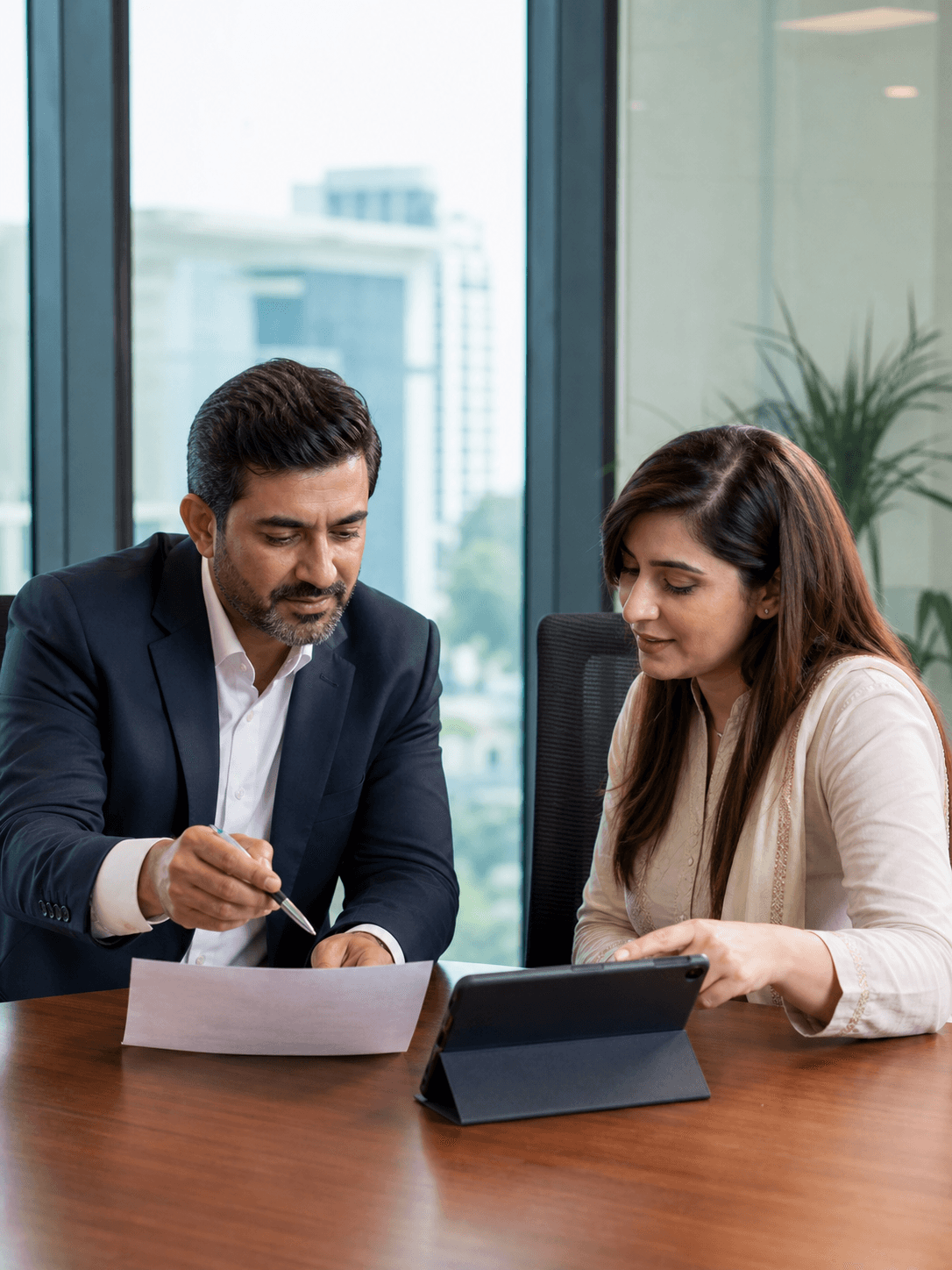 Account manager reviewing an itemised transport statement with a finance client