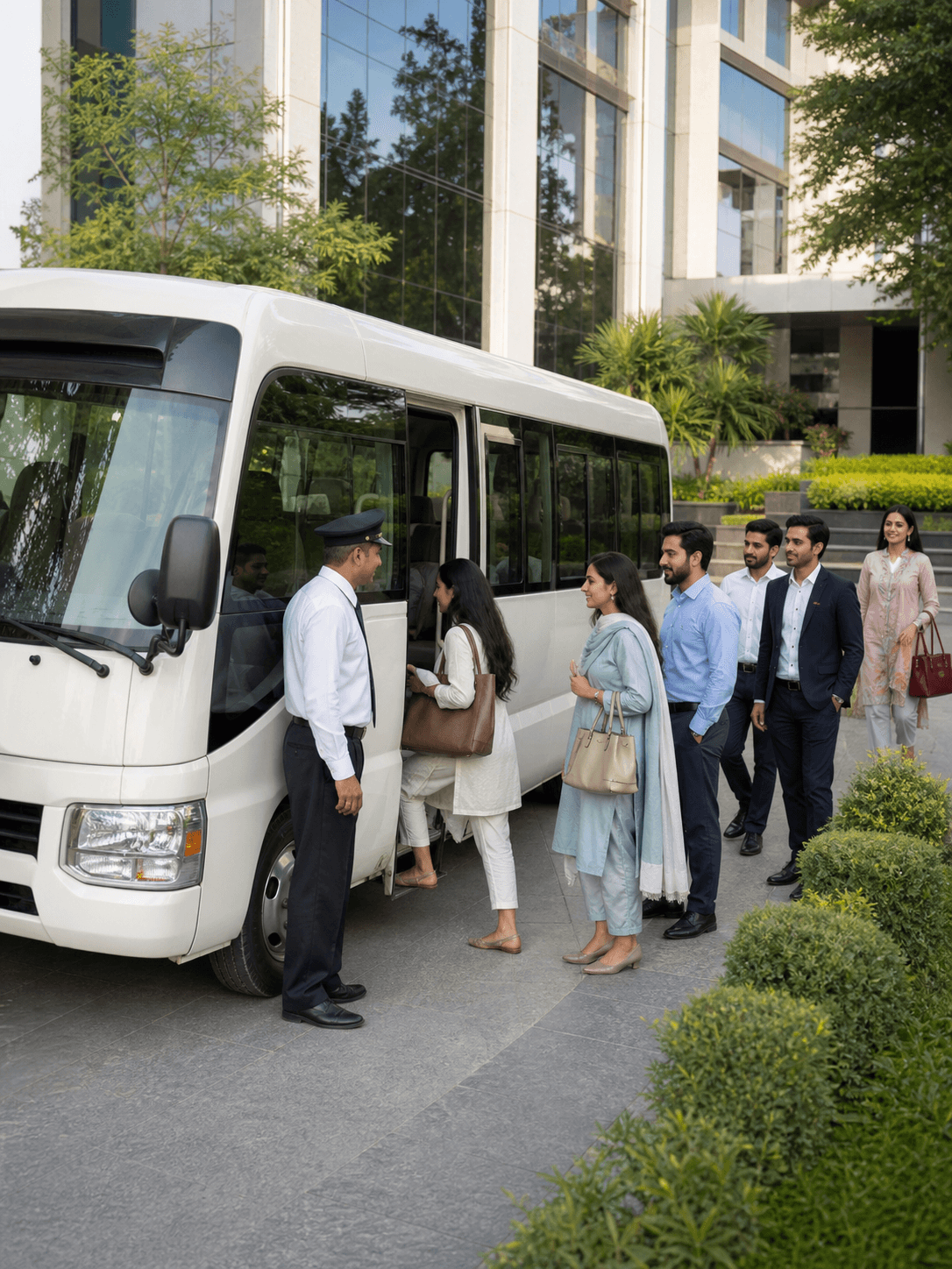Office employees boarding scheduled corporate staff transport in Islamabad