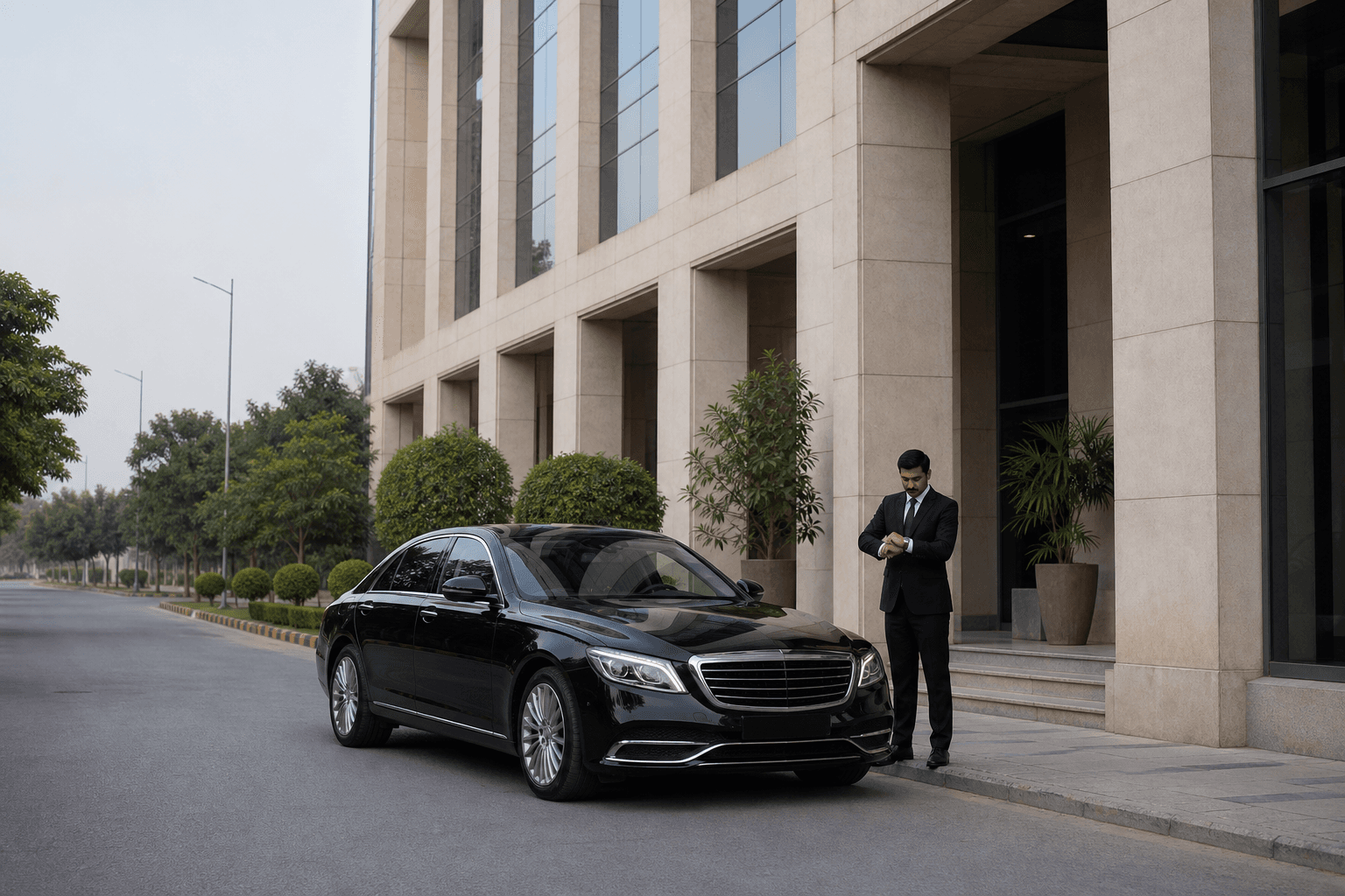 Black executive saloon and chauffeur positioned early outside an Islamabad office