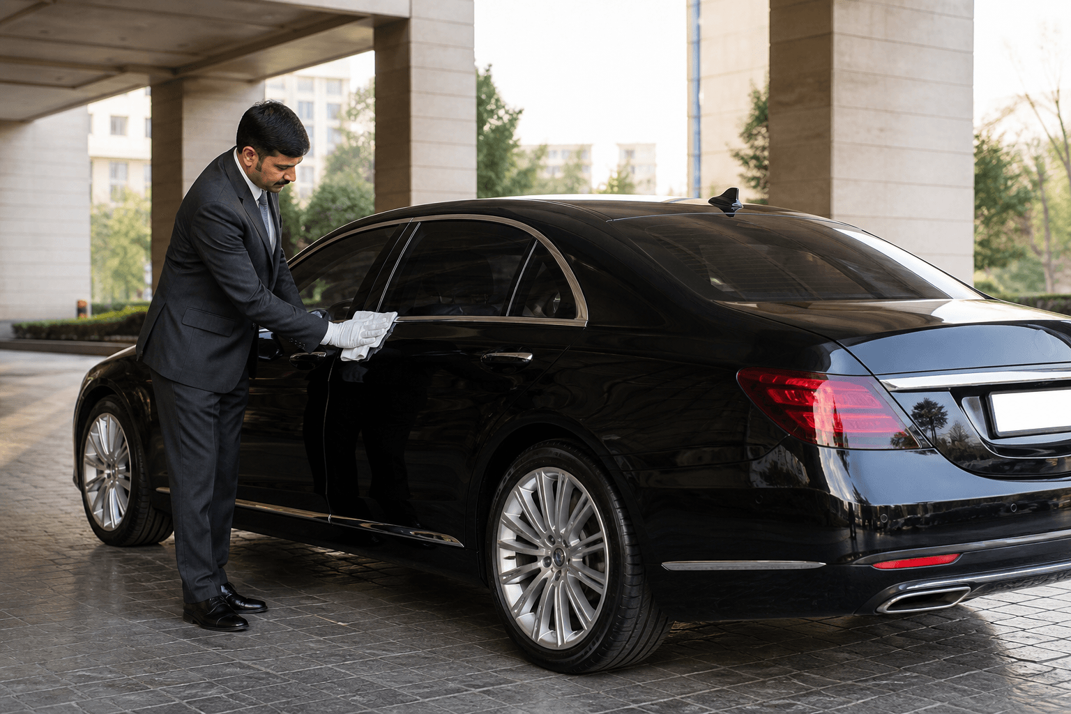 Professional chauffeur inspecting a black executive saloon before an Islamabad assignment