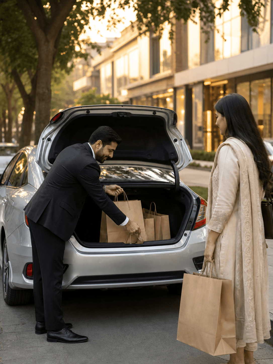 Chauffeur loading shopping bags during a multi-stop day in Islamabad