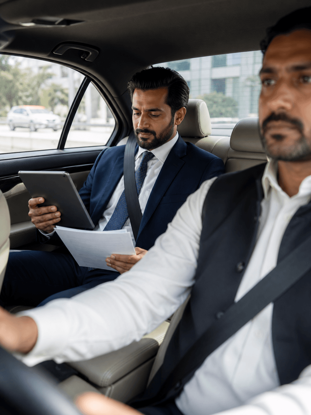 Business traveller working in the rear seat while driven between Islamabad meetings