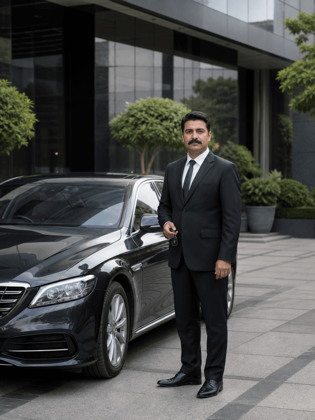 Professional chauffeur standing beside an executive car in Islamabad