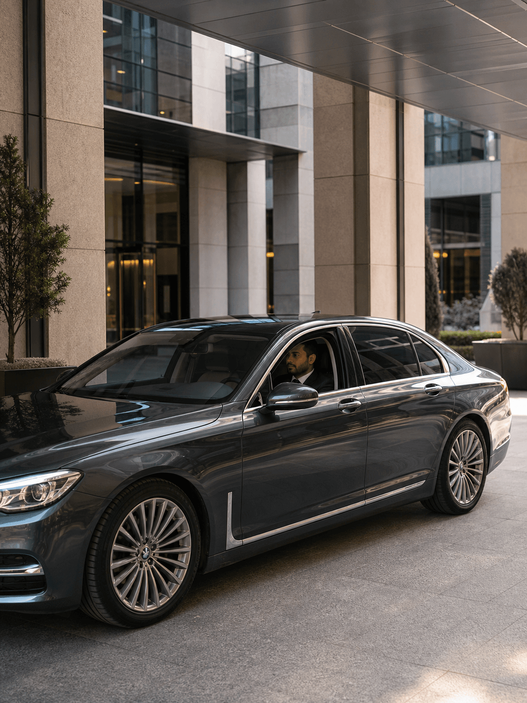 Chauffeur-driven executive car waiting outside an Islamabad office building