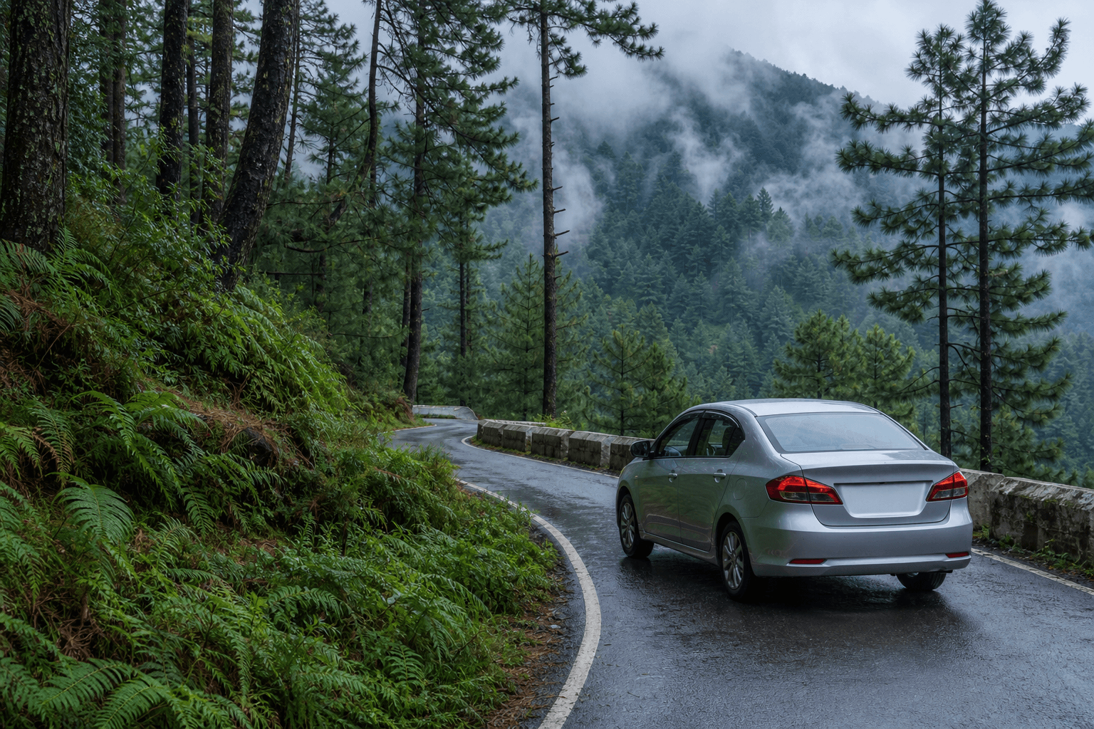 Silver private taxi travelling through misty pine forest on the mountain road from Islamabad to Ayubia