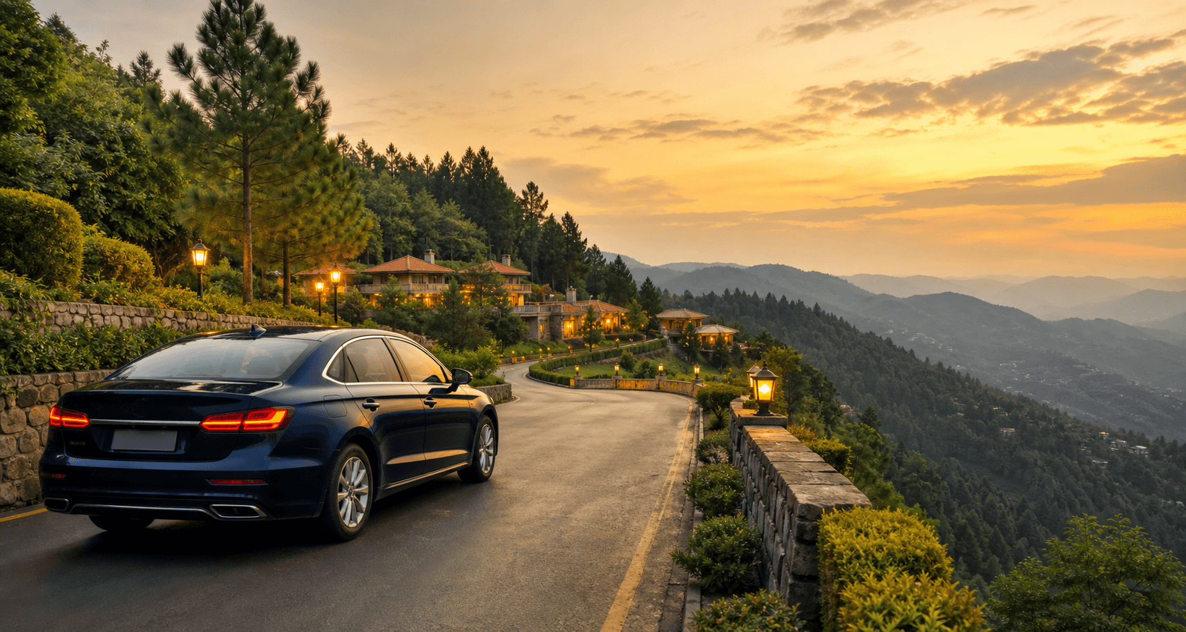 Dark blue private taxi approaching a hillside resort in Bhurban at golden hour