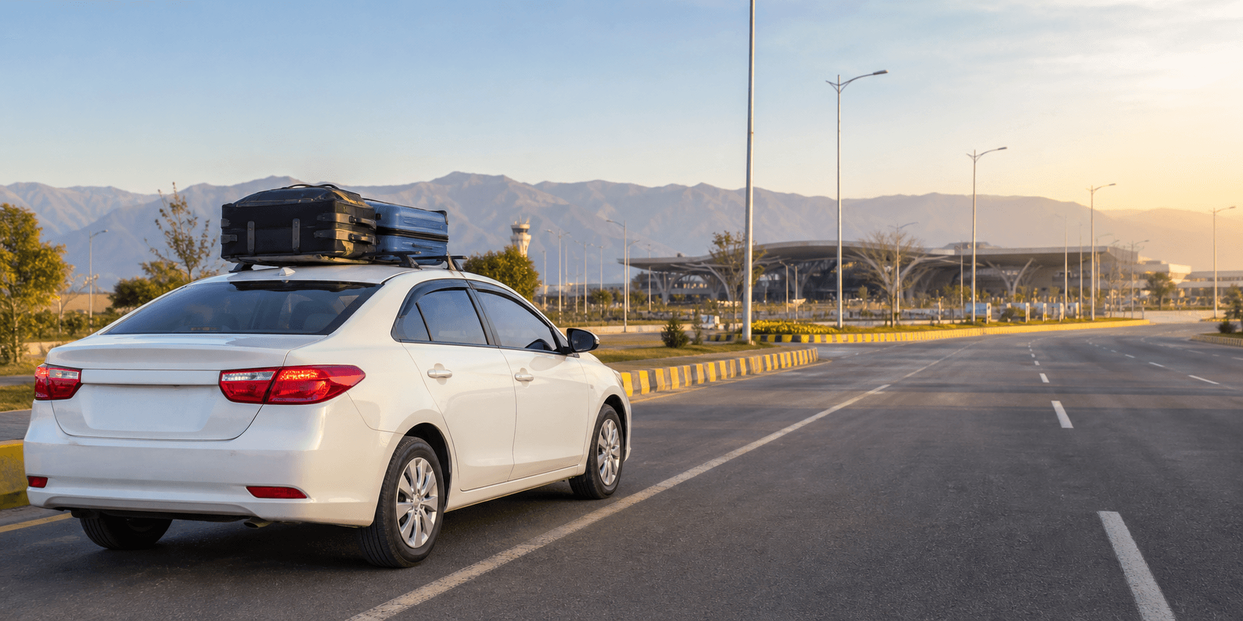 Islamabad Airport to Rawalpindi Taxi Fare & Pickup Guide illustrated with a private transport and travel scene in Pakistan