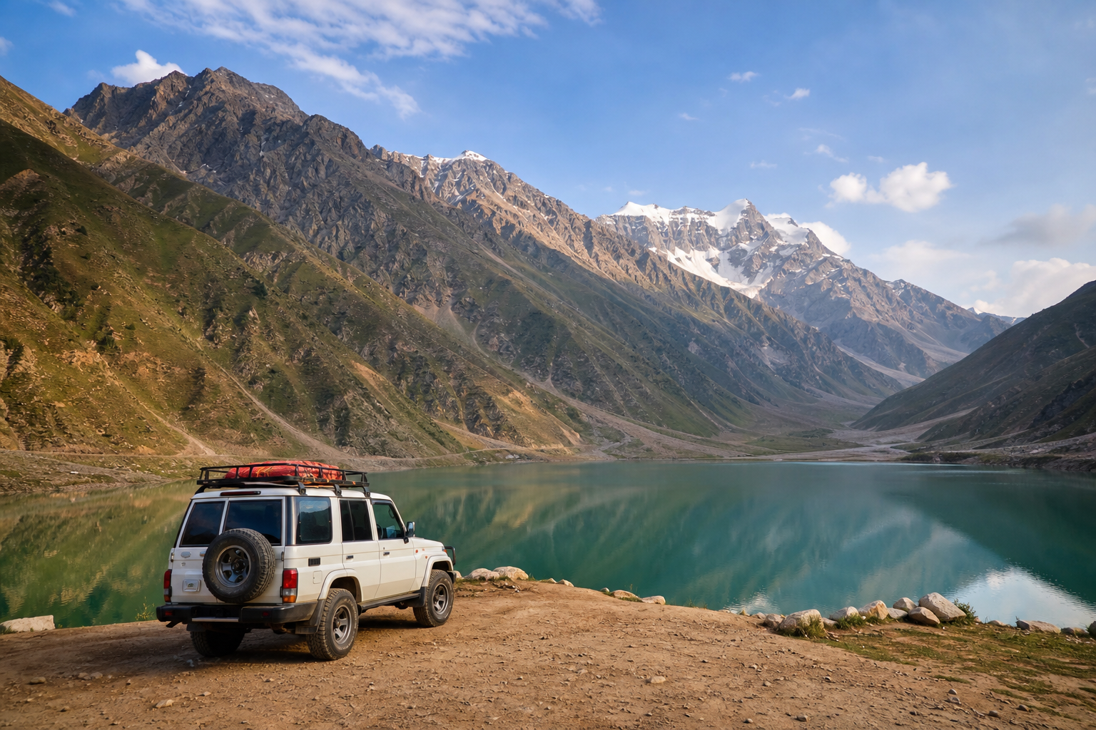 Lake Saif-ul-Malook Trip: Planning from Islamabad illustrated with a private transport and travel scene in Pakistan