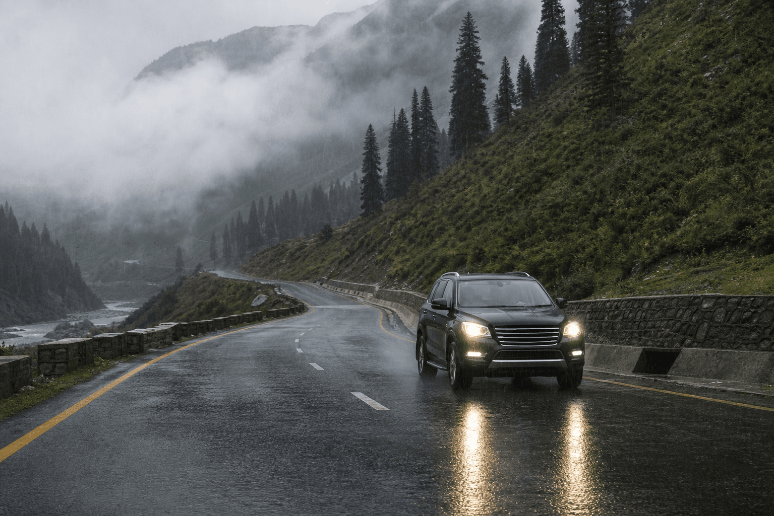 Monsoon Road Travel in Northern Pakistan: Safety Guide illustrated with a private transport and travel scene in Pakistan